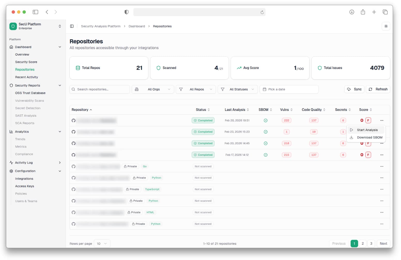 Repositories page showing the context menu with the Start Analysis action